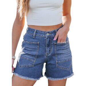 Womens Denim Shorts High Waisted Stretchy Raw Hem Pockets Casual Summer